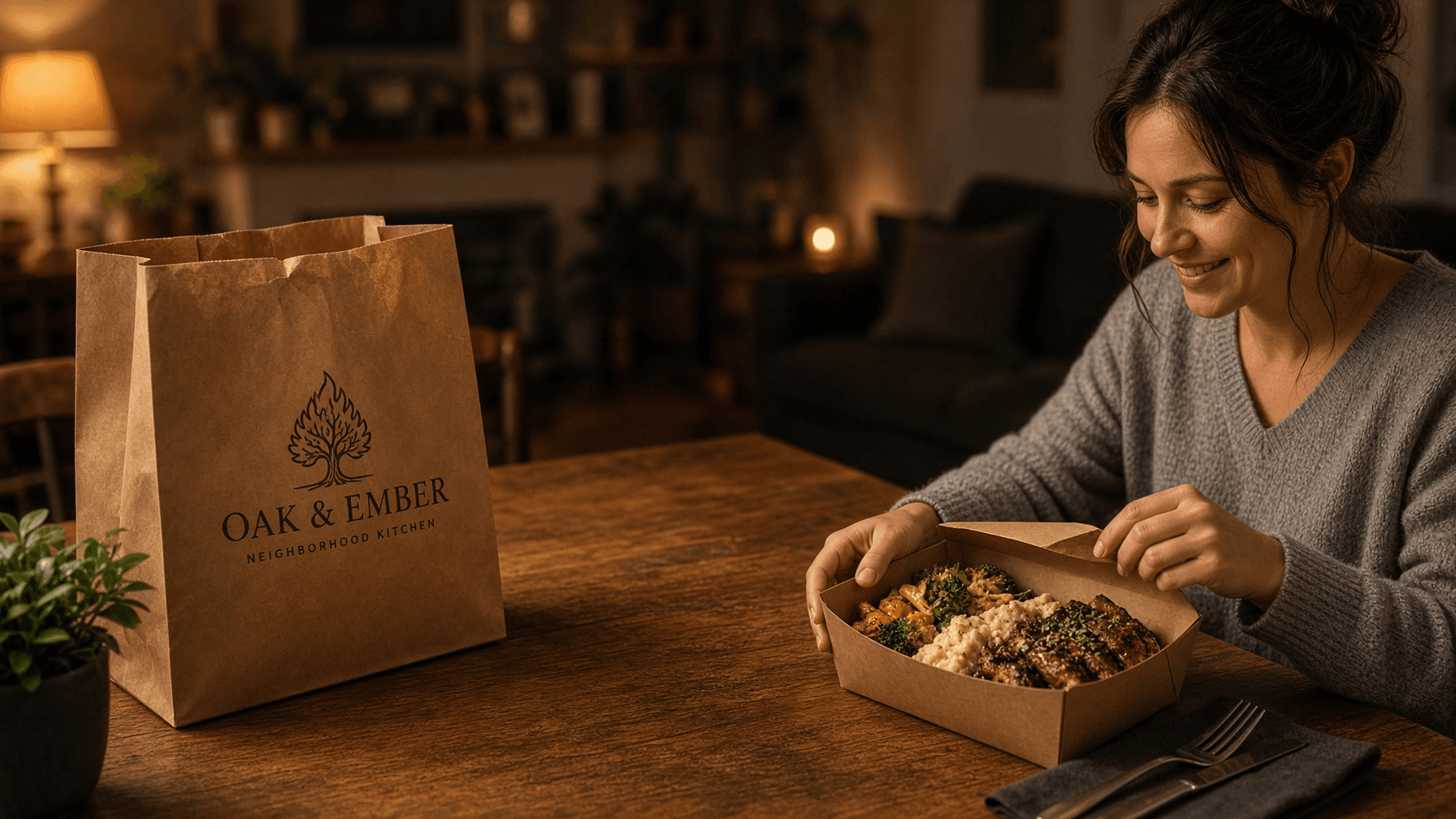 A customer unpacking dinner from their favorite restaurant at home